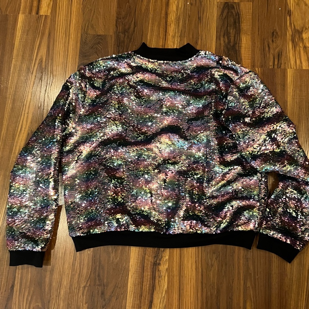 LULAROE ELEGANT STEVIE BOMBER JACKET Large 14/16 Rainbow Sequins Pink Mermaid - Picture 3 of 4